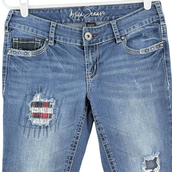Ariya Jeans Womens Distressed Patch Studded Blue Jeans Size 7/8 Stretch Boot Cut - Picture 3 of 14